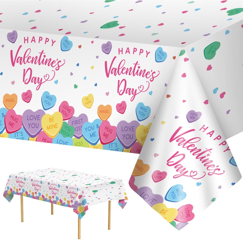 Litmitfu 2 Pack Happy Valentines Day Tablecloth - Valentine's Day Tablecloths Plastic, Disposable Rectangle Colorful Love Heart Valentine Table Cloth Cover for Wedding Anniversary Party Decoration,54x108 Inch - Image 1