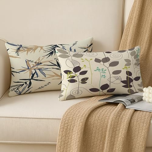 BRICK HOME Set of 2 Polycotton Printed Cushion Covers 12x18 Inches | Botanical Leaf Design | Navy Blue, Beige, Brown & Green | Soft Decorative Pillow Covers for Sofa, Couch & Living Room - Image 2