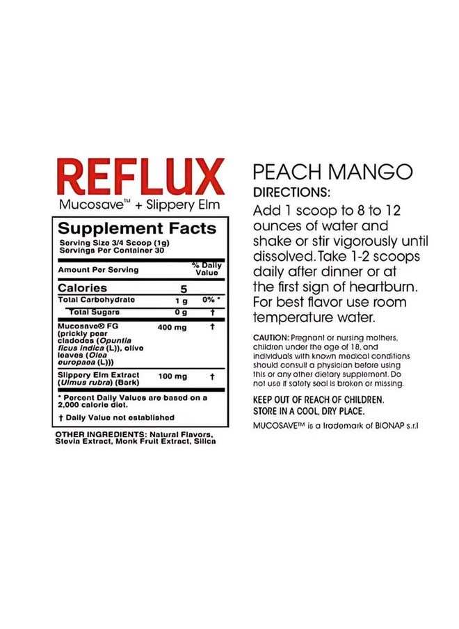 Reflux Digestive Supplement - Peach Mango Flavor - Each Tub = 30 Scoops = 30 Servings - Mucosal Support for Acid Issues - with Mucosave FG and Slippery Elm Bark (2 Tubs)