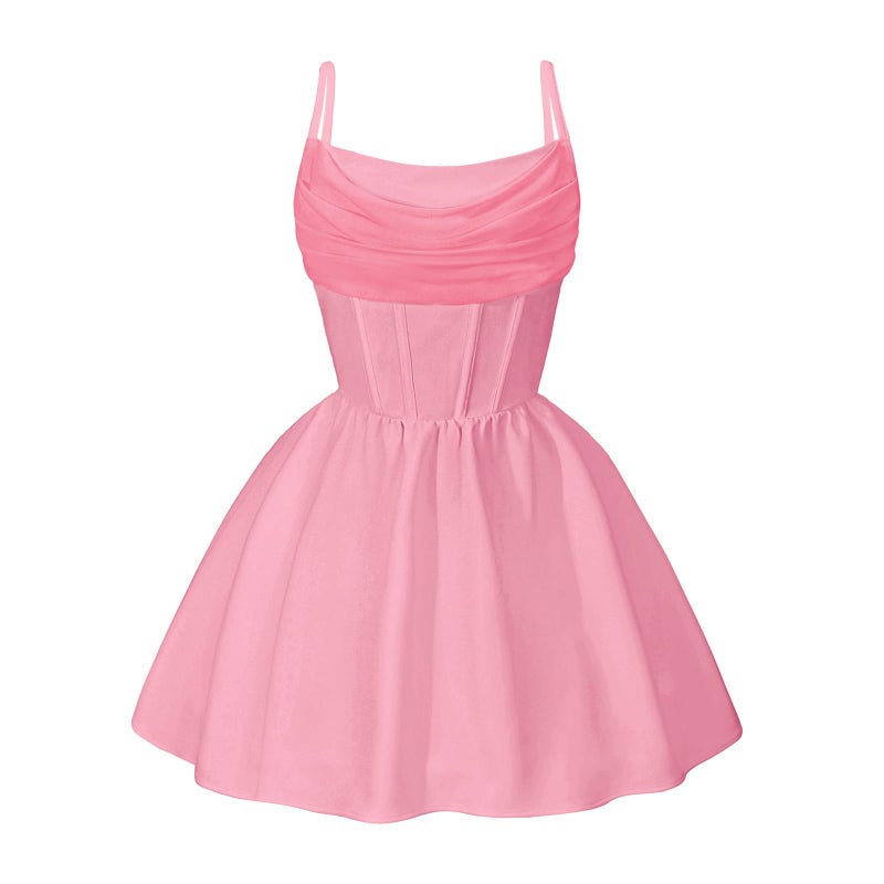 EXARUS Girls Teen Dresses Formal Dance Easter Party Short Mini Spaghetti Strap Cowl Neck Ruched Flowy Ruffled Hem A Line Tween Mesh Cami Dress Light Pink 8Y - Image 1
