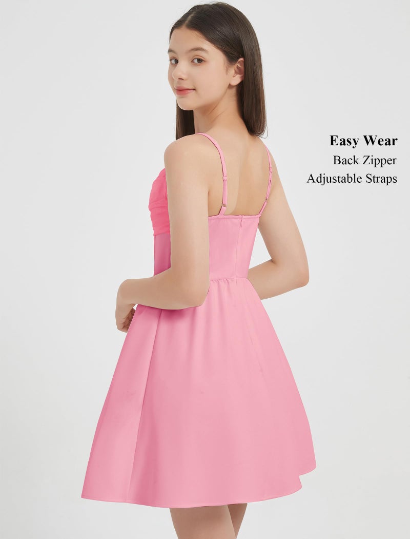 EXARUS Girls Teen Dresses Formal Dance Easter Party Short Mini Spaghetti Strap Cowl Neck Ruched Flowy Ruffled Hem A Line Tween Mesh Cami Dress Light Pink 8Y - Image 4