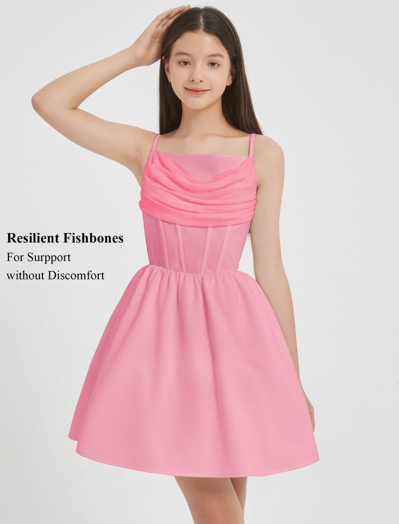 EXARUS Girls Teen Dresses Formal Dance Easter Party Short Mini Spaghetti Strap Cowl Neck Ruched Flowy Ruffled Hem A Line Tween Mesh Cami Dress Light Pink 8Y - Image 5