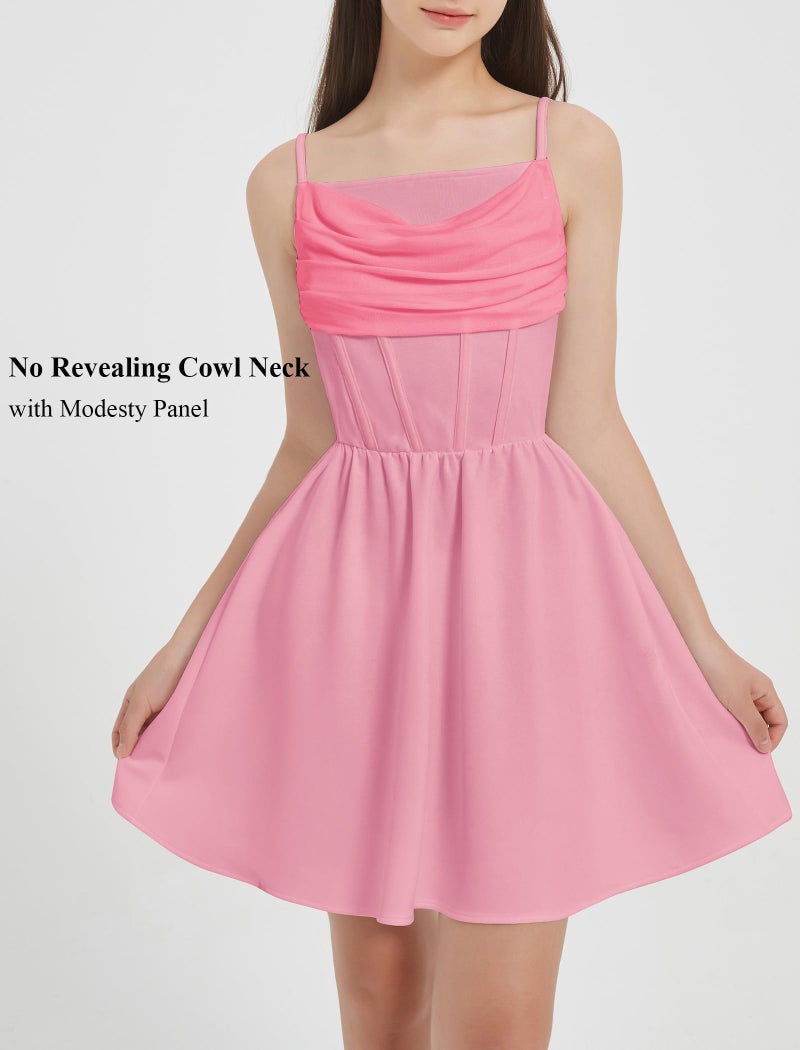 EXARUS Girls Teen Dresses Formal Dance Easter Party Short Mini Spaghetti Strap Cowl Neck Ruched Flowy Ruffled Hem A Line Tween Mesh Cami Dress Light Pink 8Y - Image 2