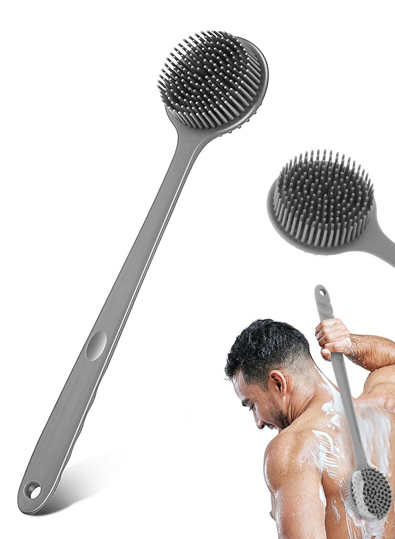 GlamKit Long Handle Silicone Body Scrubber for Shower, Dual-Sided Back Scrubber Brush with Soft Bristles&Massage Nodes, Exfoliating Bath Brush for Hard to Reach Areas, Easy to Clean & Quick Dry, for Daily Use（Gray） - Image 1