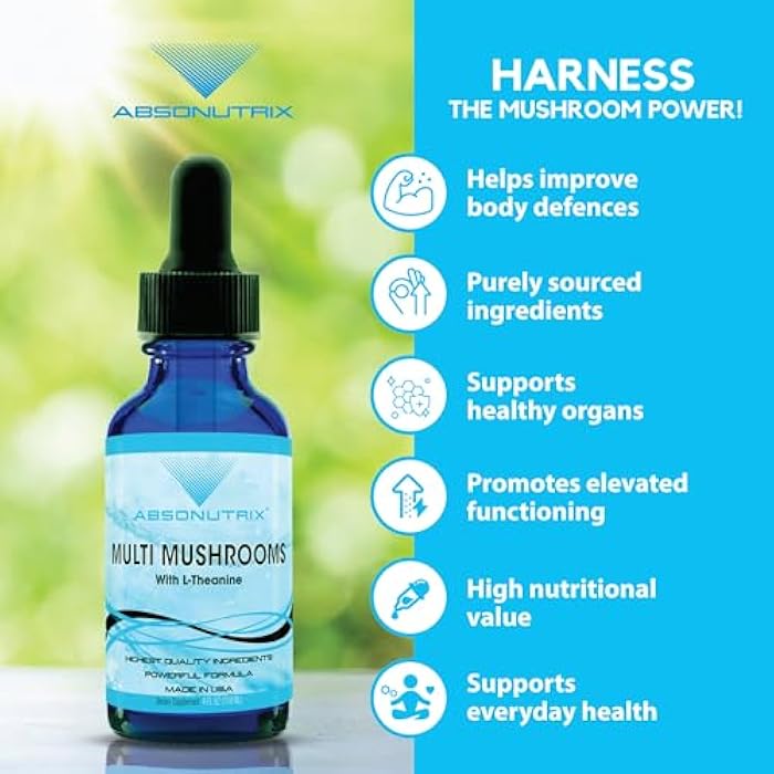 Absonutrix Multi Mushrooms l theanine Supplement, 390 mg, 4 Oz Liquid, 302 Servings, Made in USA, Quick Absorption, Quality Potent Ingredients, Non-GMO, GMP Certified Facility, Cruelty-Free Products - Image 4