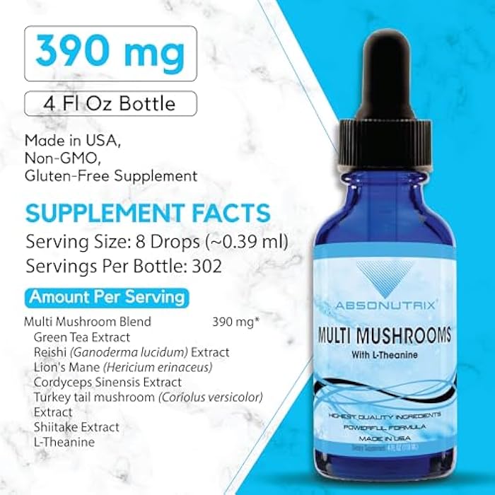 Absonutrix Multi Mushrooms l theanine Supplement, 390 mg, 4 Oz Liquid, 302 Servings, Made in USA, Quick Absorption, Quality Potent Ingredients, Non-GMO, GMP Certified Facility, Cruelty-Free Products - Image 2
