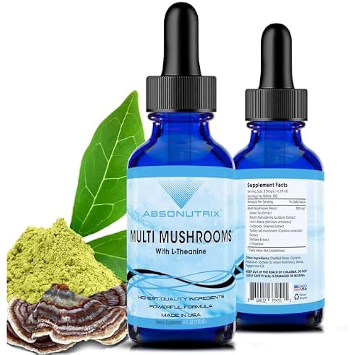 Absonutrix Multi Mushrooms l theanine Supplement, 390 mg, 4 Oz Liquid, 302 Servings, Made in USA, Quick Absorption, Quality Potent Ingredients, Non-GMO, GMP Certified Facility, Cruelty-Free Products - Image 1