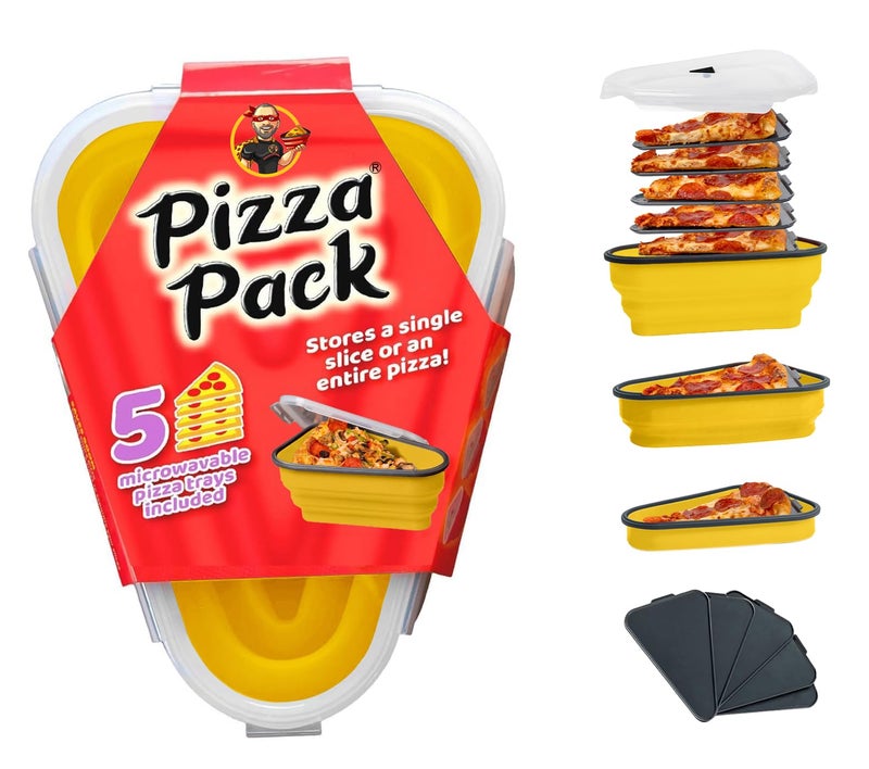PIZZA PACK حزمة البيتزا المثالية - حاوية تخزين البيتزا القابلة لإعادة الاستخدام مع 5 صواني قابلة للخدمة ميكروويف - حاوية شريحة بيتزا قابلة للتعديل خالية من BPA لتنظيم وتوفير الفضاء الأصفر - Image 1