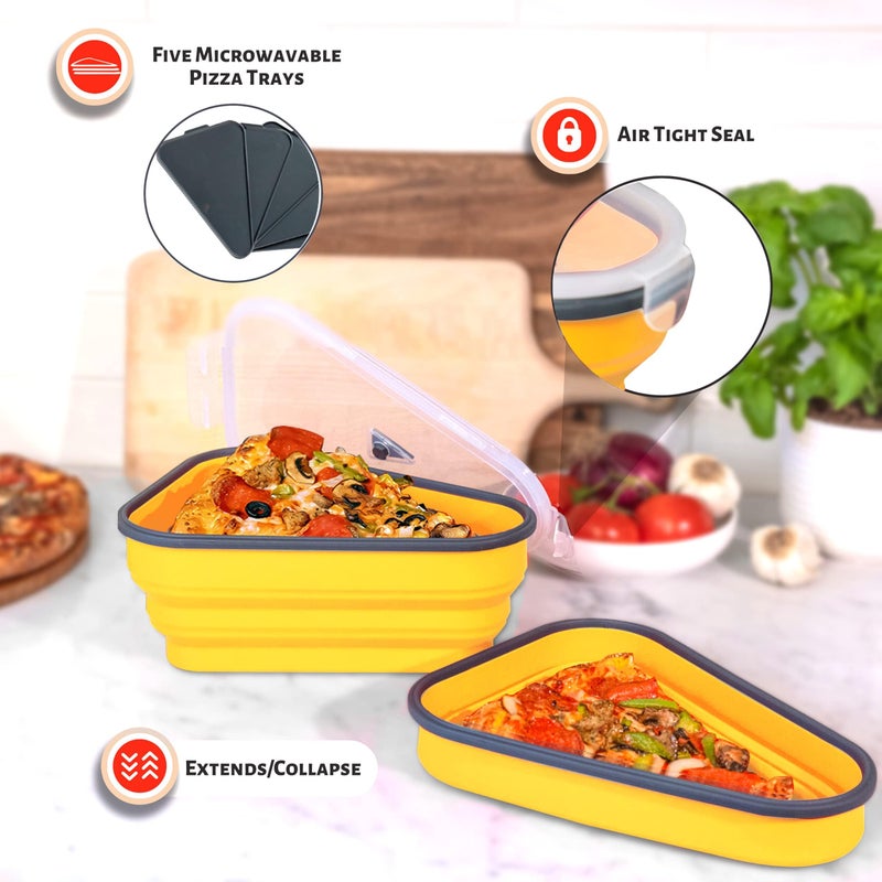 PIZZA PACK حزمة البيتزا المثالية - حاوية تخزين البيتزا القابلة لإعادة الاستخدام مع 5 صواني قابلة للخدمة ميكروويف - حاوية شريحة بيتزا قابلة للتعديل خالية من BPA لتنظيم وتوفير الفضاء الأصفر - Image 5