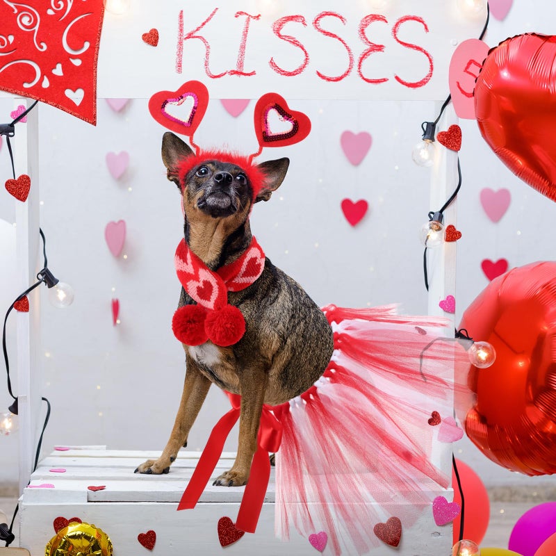 SilTriangle 3 Pieces Valentines Day Dog Costume Set Including Red Love Headband Valentines Dog Tutu Dress Cute Pet Tutu Red Pet Scarf for Medium Animal Holiday Outfit Accessory - Image 4