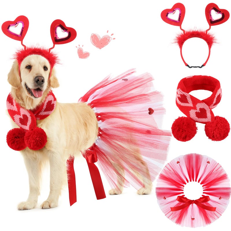 SilTriangle 3 Pieces Valentines Day Dog Costume Set Including Red Love Headband Valentines Dog Tutu Dress Cute Pet Tutu Red Pet Scarf for Medium Animal Holiday Outfit Accessory - Image 1