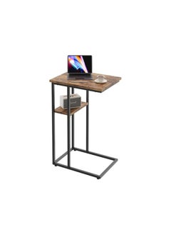 SS Tech End/Side Table, C Shaped Snack Table with Metal Frame, Rolling Casters, Industrial, for Living Room, Sofa Couch, Bedroom, Rustic Brown and Black (brown-4)