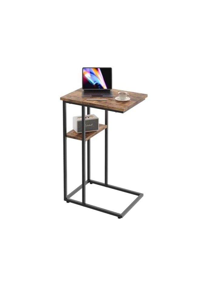 SS - SS Tech End/Side Table, C Shaped Snack Table with Metal Frame, Rolling Casters, Industrial, for Living Room, Sofa Couch, Bedroom, Rustic Brown and Black (brown-4) - Image 1