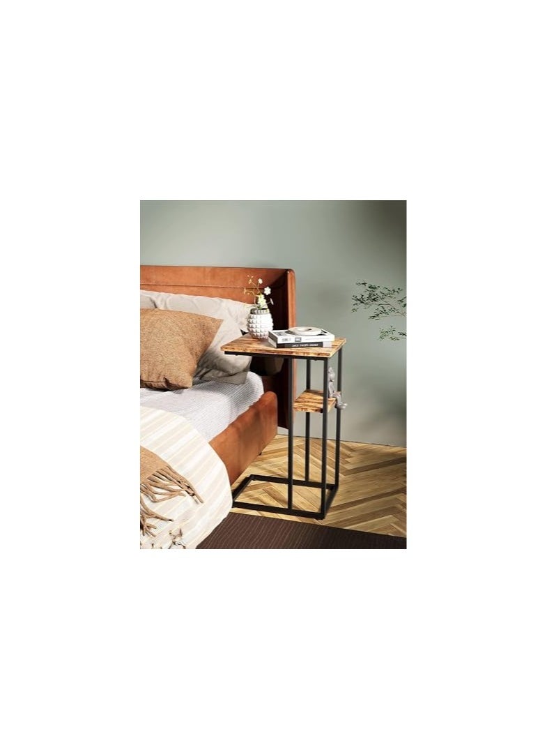 SS - SS Tech End/Side Table, C Shaped Snack Table with Metal Frame, Rolling Casters, Industrial, for Living Room, Sofa Couch, Bedroom, Rustic Brown and Black (brown-4) - Image 1