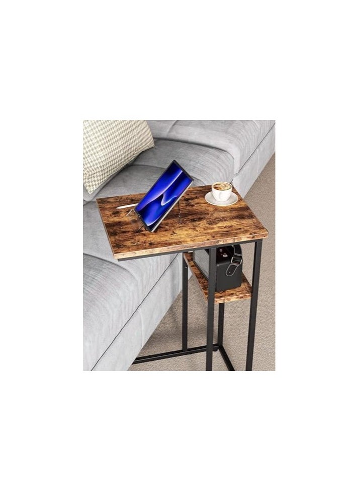 SS - SS Tech End/Side Table, C Shaped Snack Table with Metal Frame, Rolling Casters, Industrial, for Living Room, Sofa Couch, Bedroom, Rustic Brown and Black (brown-4) - Image 1