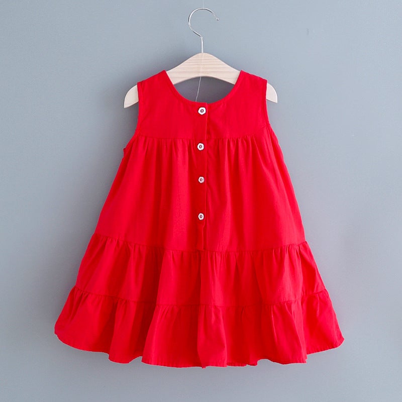 Small And Medium Children Summer Sleeveless Round Neck Dress Girl'S Large Skirt Vest Skirt Female Treasure Solid Color Western Style Skirt - Image 4
