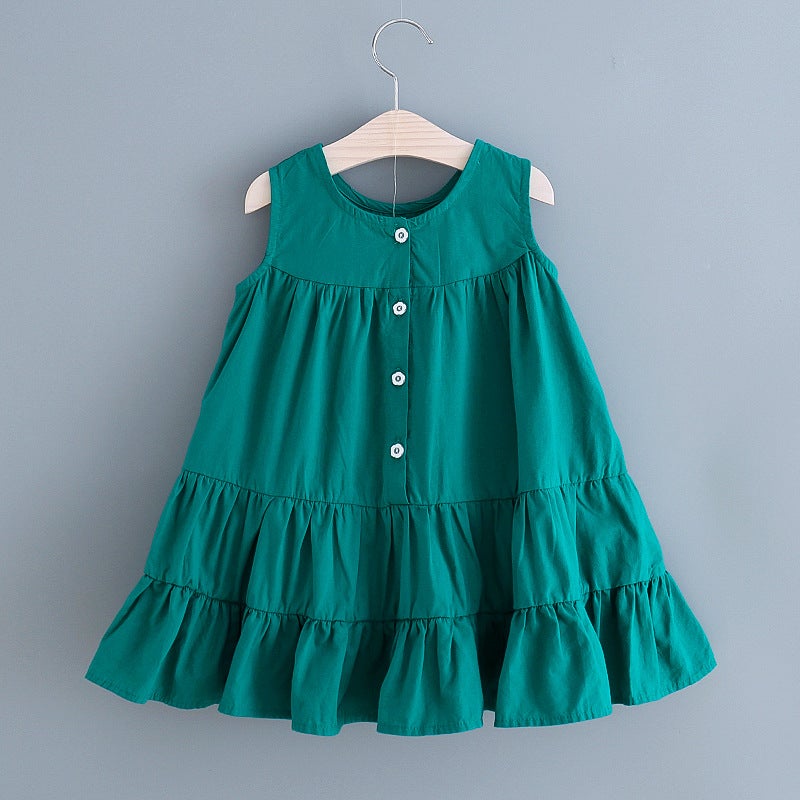 Small And Medium Children Summer Sleeveless Round Neck Dress Girl'S Large Skirt Vest Skirt Female Treasure Solid Color Western Style Skirt - Image 3