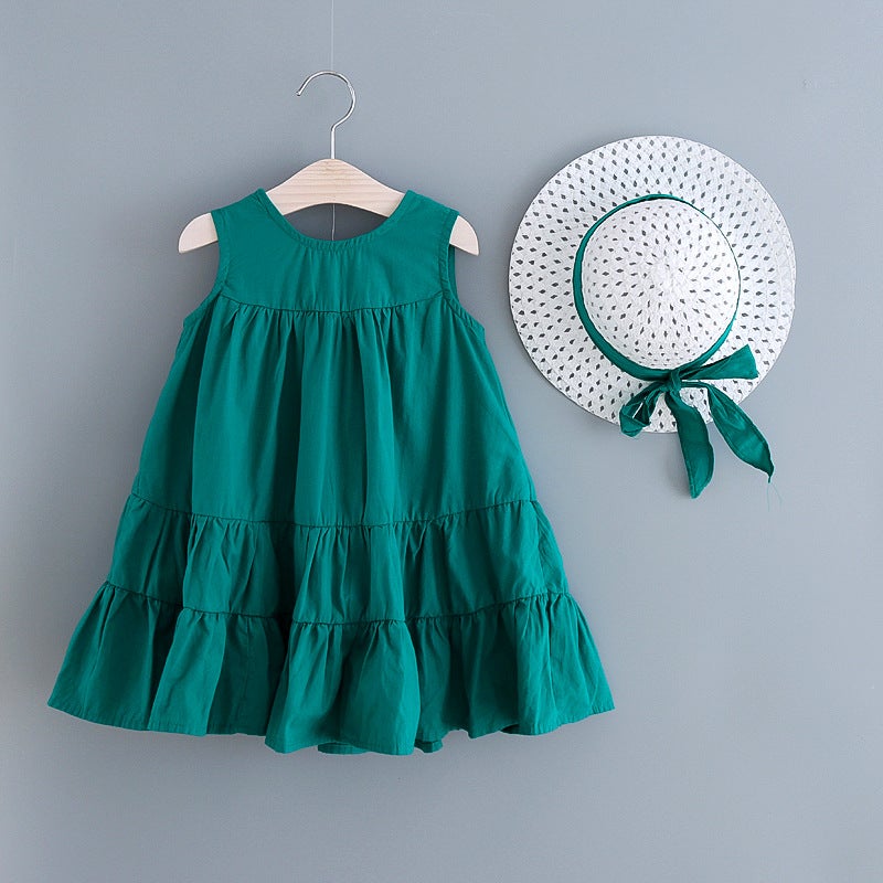 Small And Medium Children Summer Sleeveless Round Neck Dress Girl'S Large Skirt Vest Skirt Female Treasure Solid Color Western Style Skirt - Image 2