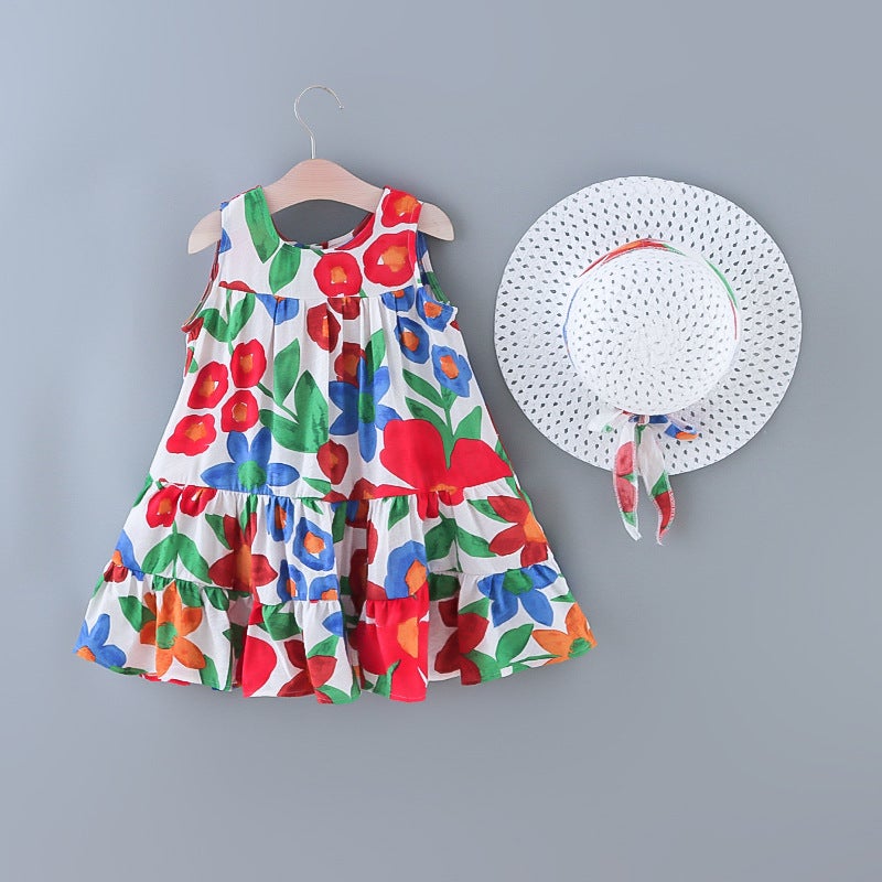 Small And Medium Children Summer Sleeveless Round Neck Dress Girl'S Large Skirt Vest Skirt Female Treasure Solid Color Western Style Skirt - Image 1