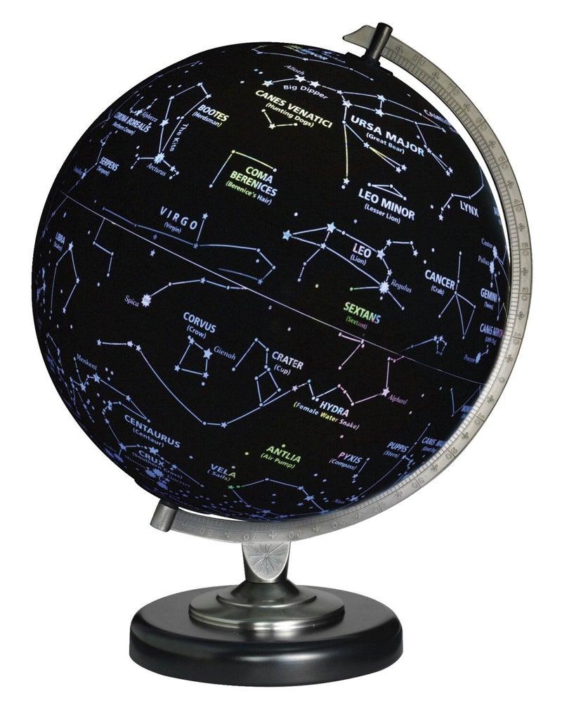 Replogle DayNight Illuminated TwoWay Map 12 Diameter Globe USA CartographySturdy Metal Base and Blue Ocean Globe BallProvoke the imagination in new ways The Day globe shows the striking colors of a blue ocean political map when not lit Turn the light on and witness the incredible change to the sky at night The Night globe names and shows 88 constellations and more than 35 of the brightest stars This unique globe is great as night light and it features a black base and pewter plated diecast semimeridian - Image 3
