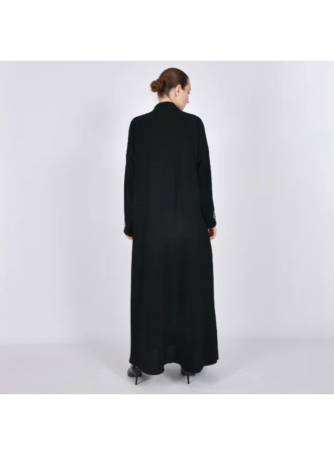 HAWRAA ABAYA Black wrap abaya with a quarter-circle cut, decorated with embroidery