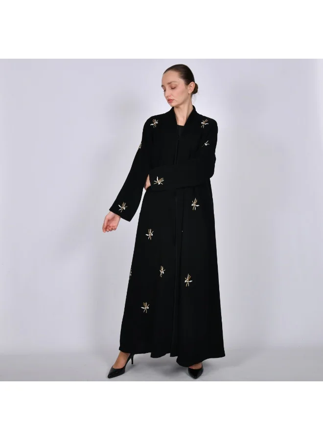 HAWRAA ABAYA Black wrap abaya with a quarter-circle cut, decorated with embroidery