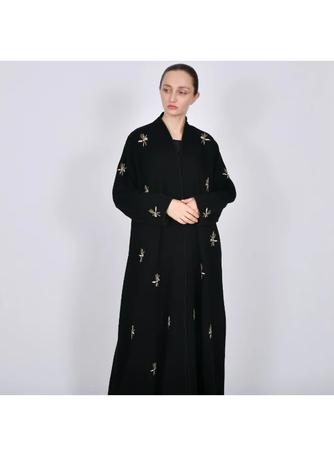 HAWRAA ABAYA Black wrap abaya with a quarter-circle cut, decorated with embroidery