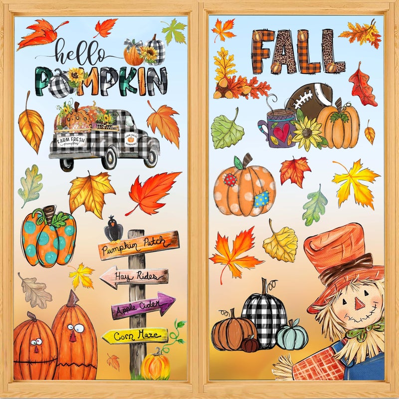 Hrency Fall Window Clings Decorations for Glass Fall Watercolor Pumpkin Maple Leaves Scarecrow Truck Window Stickers for Autumn Thanksgiving Harvest Party Home Window Decals Decor