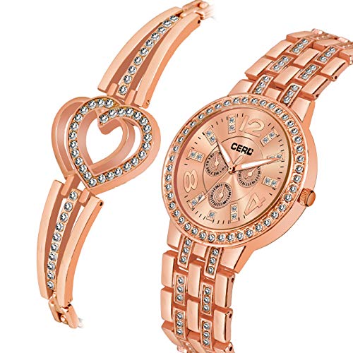 CERO Rose Gold Diamond Studded Analogue Watch and Bracelet Combo for Women & Girls(Pack of 3) (Rose Gold-523) - Image 4