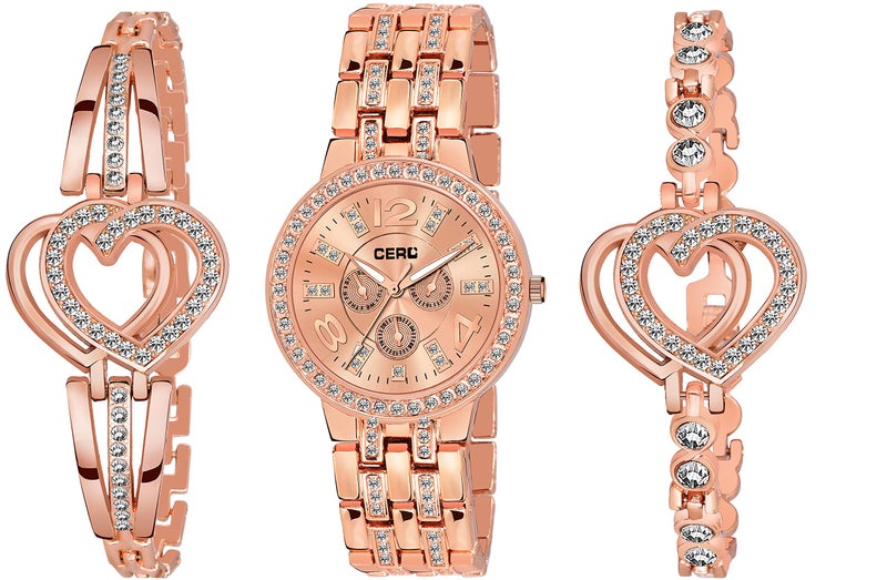 CERO Rose Gold Diamond Studded Analogue Watch and Bracelet Combo for Women & Girls(Pack of 3) (Rose Gold-523) - Image 1
