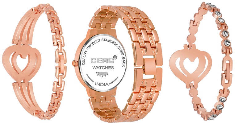 CERO Rose Gold Diamond Studded Analogue Watch and Bracelet Combo for Women & Girls(Pack of 3) (Rose Gold-523) - Image 2