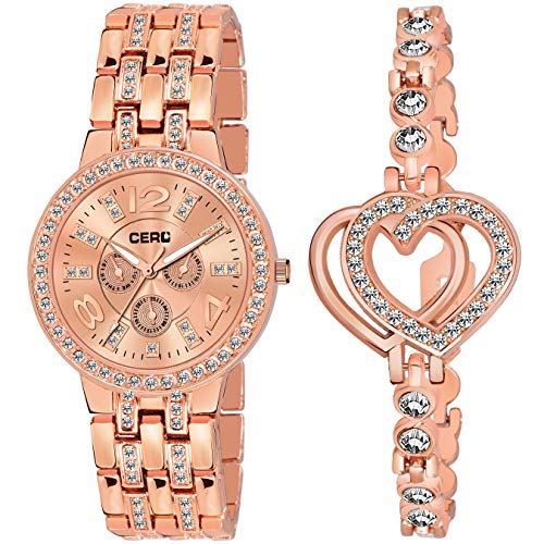 CERO Rose Gold Diamond Studded Analogue Watch and Bracelet Combo for Women & Girls(Pack of 3) (Rose Gold-523) - Image 3