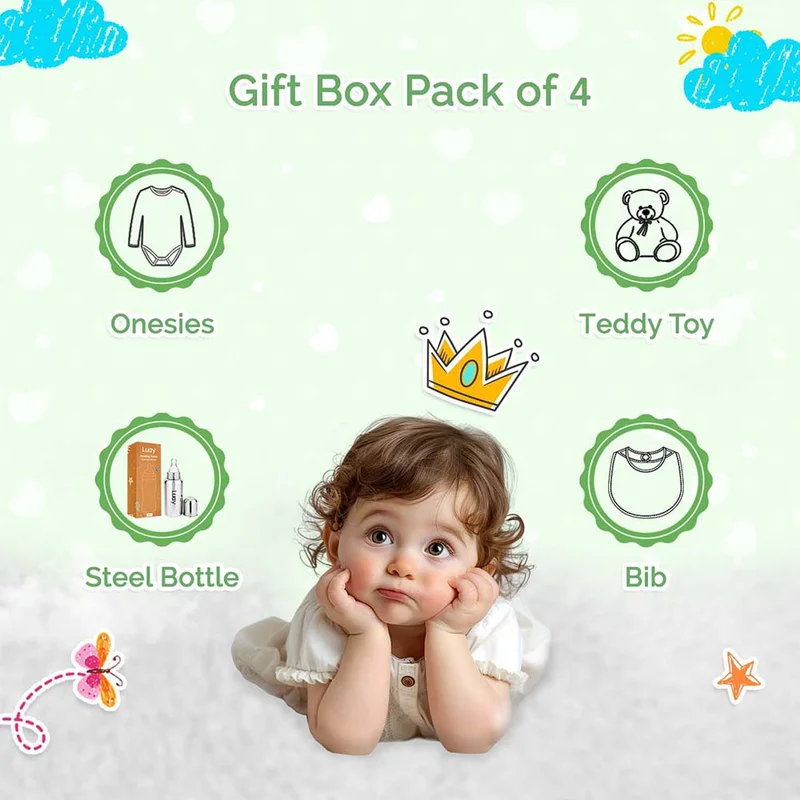 LUAY Premium Gift Box Set with The Baby Onesie, Baby Feeding Bottle, Baby Bib and Teddy Bear Best Hamper for Babies