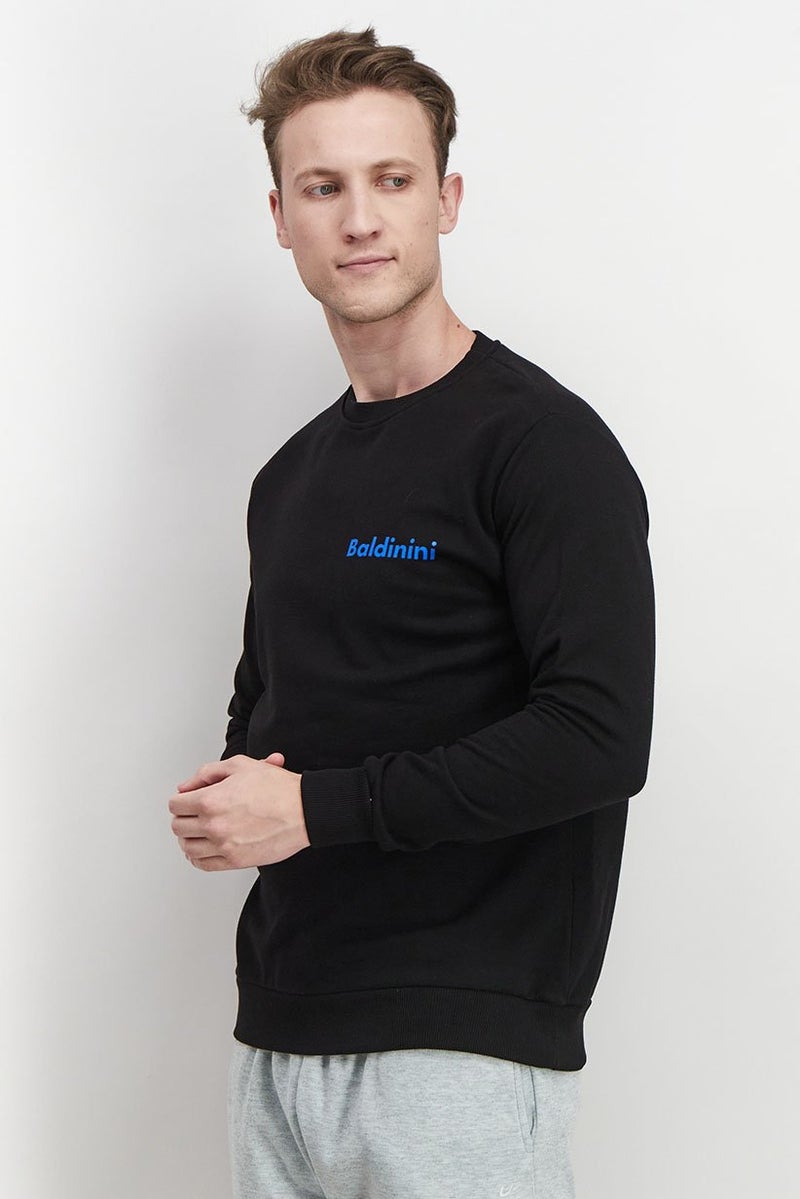 Baldinini Men Crew Neck Brand Logo Long Sleeve Sweatshirt, Black and Blue - Image 3