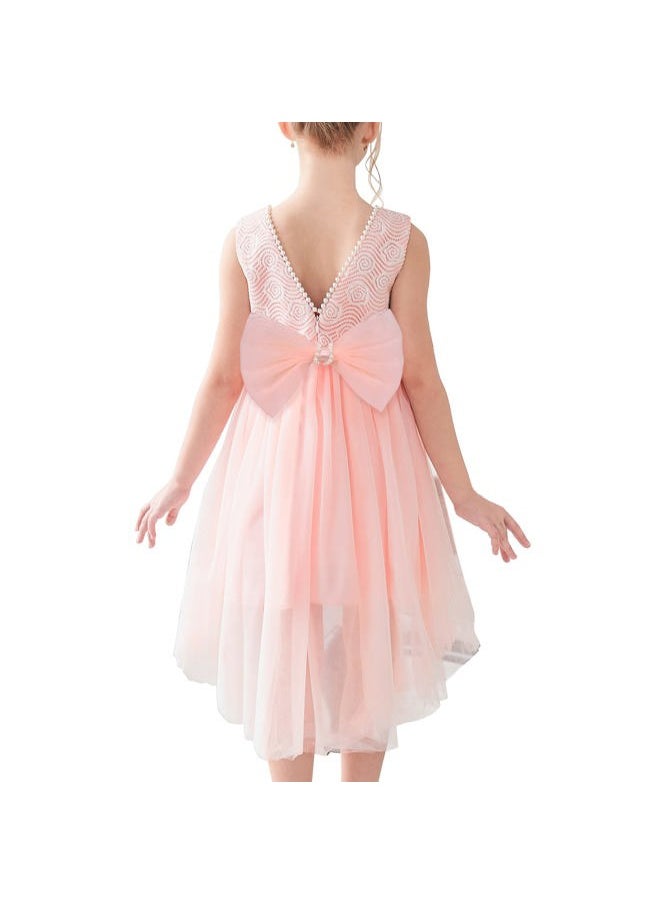Sunny Fashion - Girls Dress Pink Floral Lace Pearl V-Back Bow Hi-lo Party Wedding Formal Size 10 - Image 1