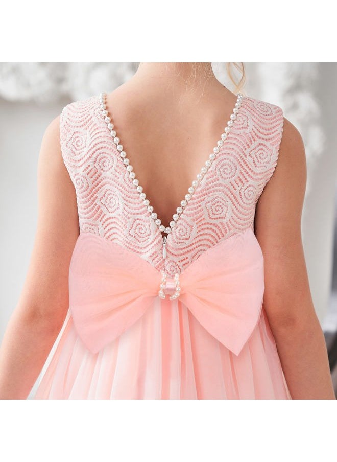 Sunny Fashion - Girls Dress Pink Floral Lace Pearl V-Back Bow Hi-lo Party Wedding Formal Size 10 - Image 1