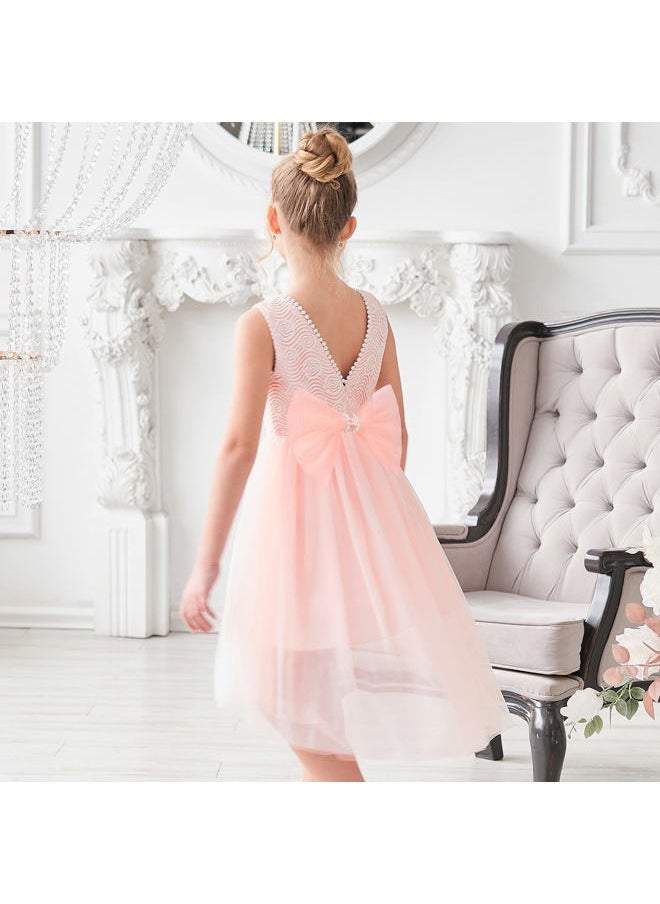 Sunny Fashion - Girls Dress Pink Floral Lace Pearl V-Back Bow Hi-lo Party Wedding Formal Size 10 - Image 1