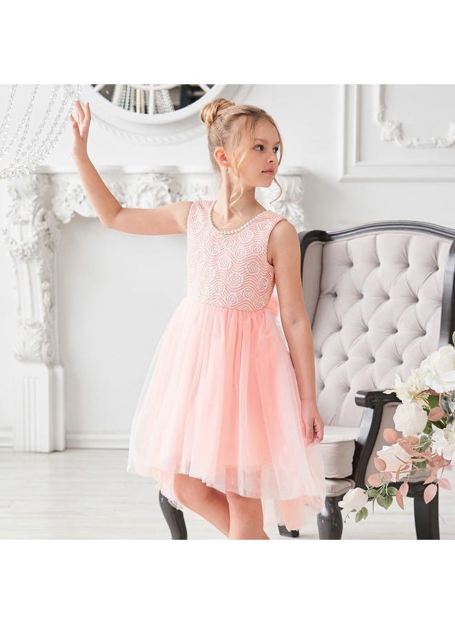 Sunny Fashion - Girls Dress Pink Floral Lace Pearl V-Back Bow Hi-lo Party Wedding Formal Size 10 - Image 1