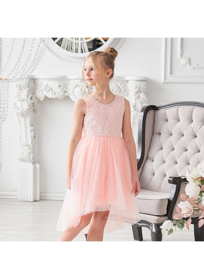 Sunny Fashion - Girls Dress Pink Floral Lace Pearl V-Back Bow Hi-lo Party Wedding Formal Size 10 - Image 1