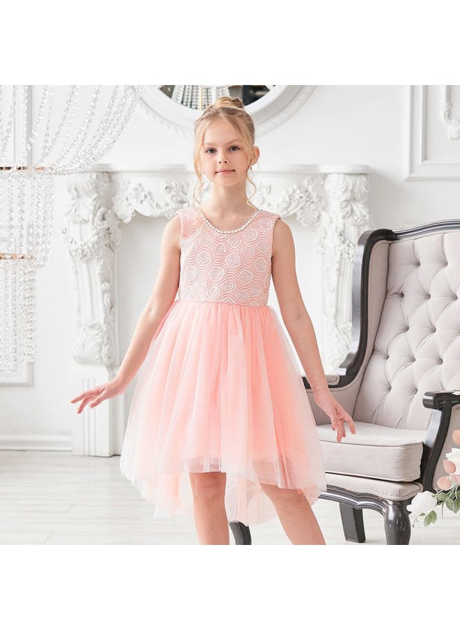 Sunny Fashion - Girls Dress Pink Floral Lace Pearl V-Back Bow Hi-lo Party Wedding Formal Size 10 - Image 1
