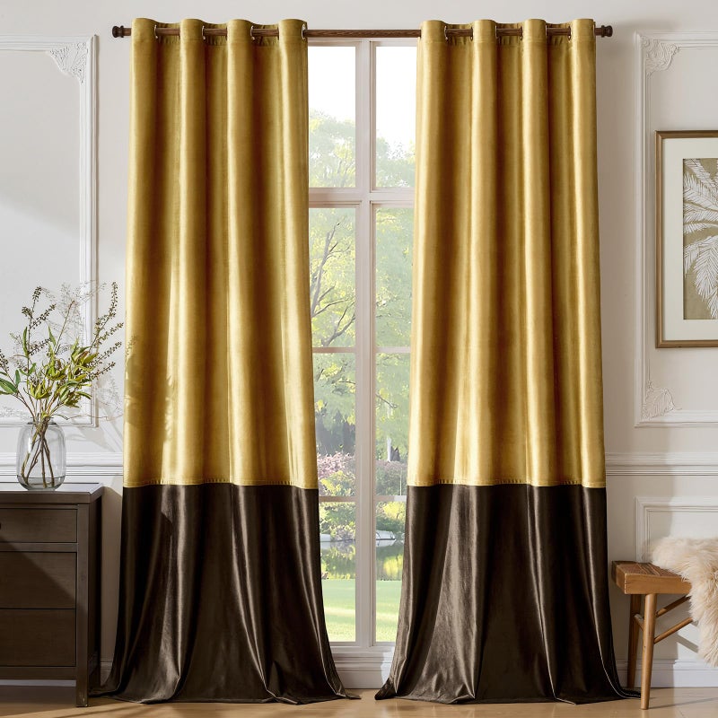 BULBUL Color Block Window Curtains Panels 84 inches Long Gold Brown Velvet Farmhouse Drapes for Bedroom Living Room Darkening Treatment with Grommet Set of 2 - Image 1