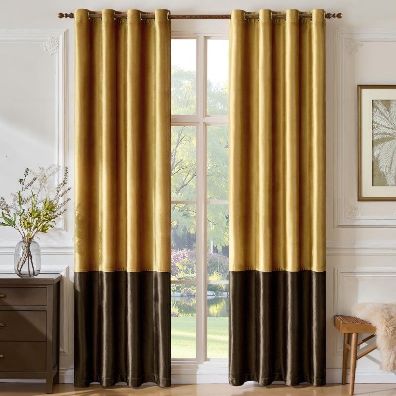 BULBUL Color Block Window Curtains Panels 84 inches Long Gold Brown Velvet Farmhouse Drapes for Bedroom Living Room Darkening Treatment with Grommet Set of 2 - Image 5