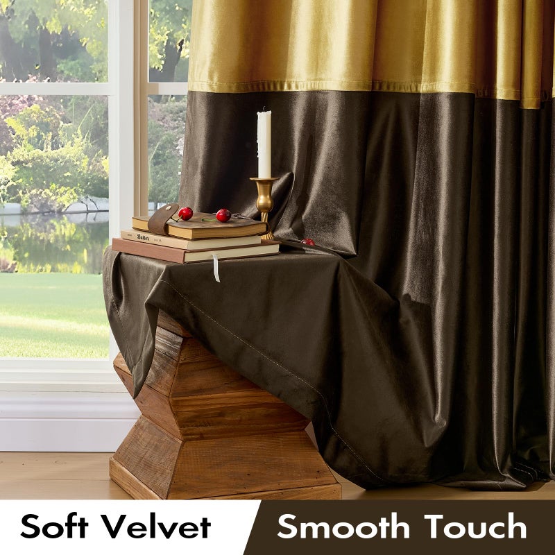 BULBUL Color Block Window Curtains Panels 84 inches Long Gold Brown Velvet Farmhouse Drapes for Bedroom Living Room Darkening Treatment with Grommet Set of 2 - Image 3