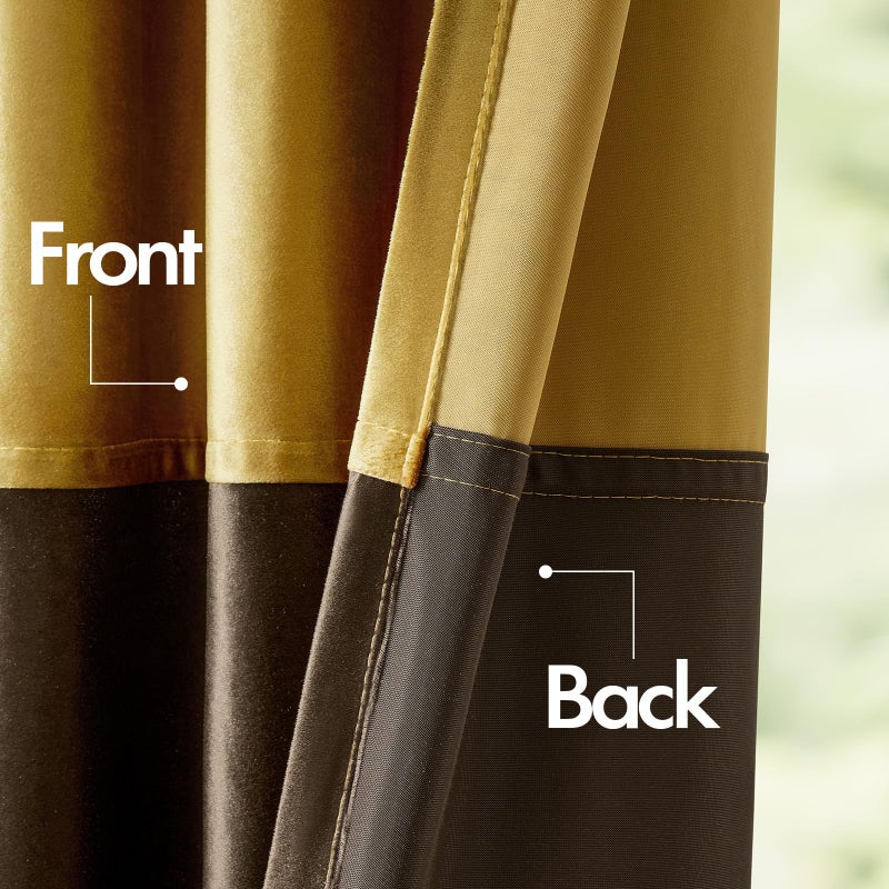 BULBUL Color Block Window Curtains Panels 84 inches Long Gold Brown Velvet Farmhouse Drapes for Bedroom Living Room Darkening Treatment with Grommet Set of 2 - Image 4