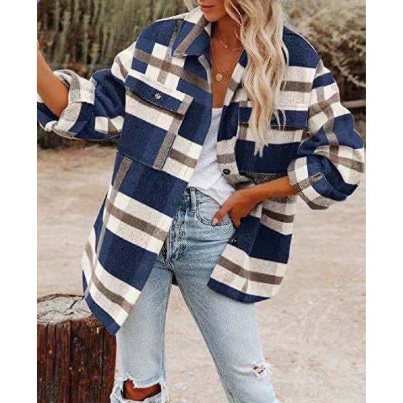 2022 Autumn Winter Plaid Wool Coat Womens Casual Loose Long Sleeve Shirt Blue 