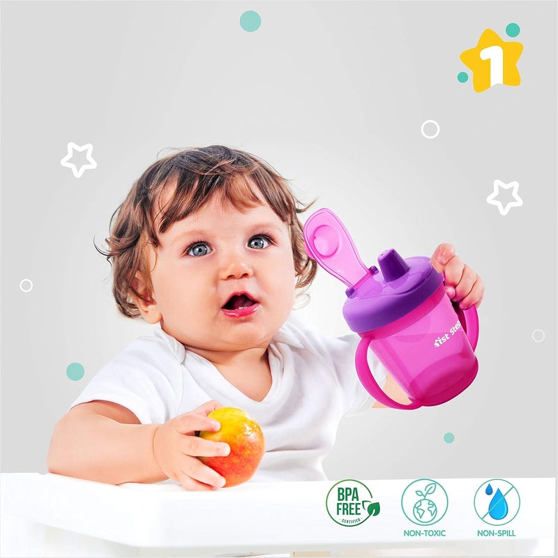 1st Step كوب شرب للأطفال بفتحة صلبة مضادة للتسرب خالي من BPA مع مقبضين وغطاء - 250 مل (وردي) - Image 4