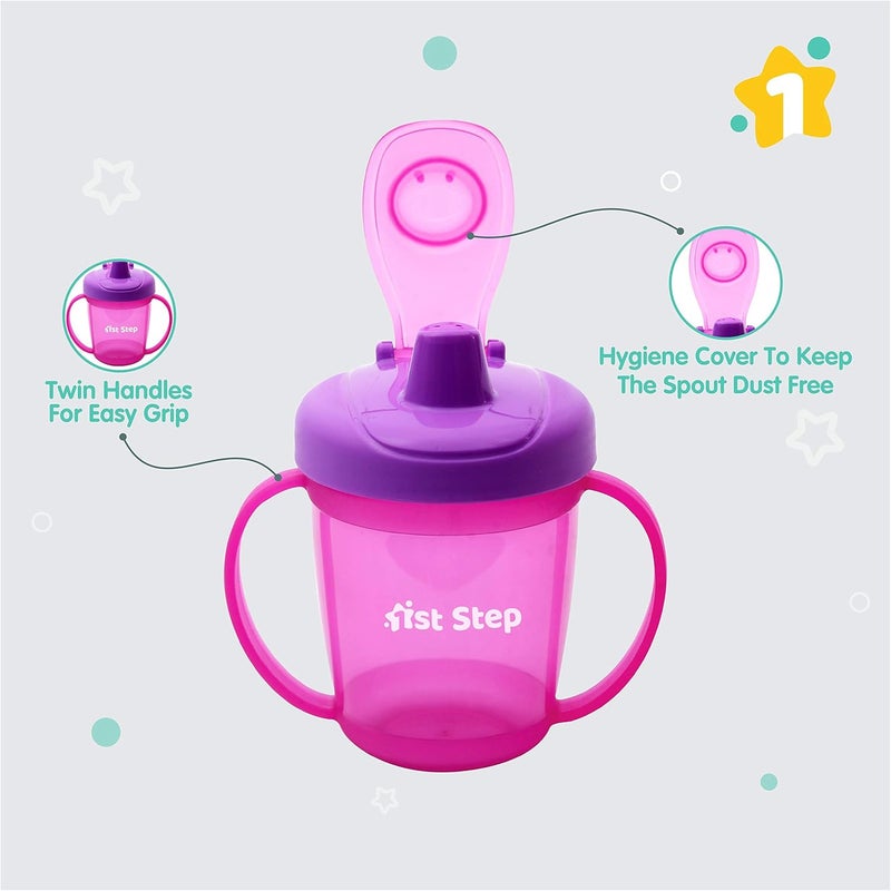 1st Step كوب شرب للأطفال بفتحة صلبة مضادة للتسرب خالي من BPA مع مقبضين وغطاء - 250 مل (وردي) - Image 2