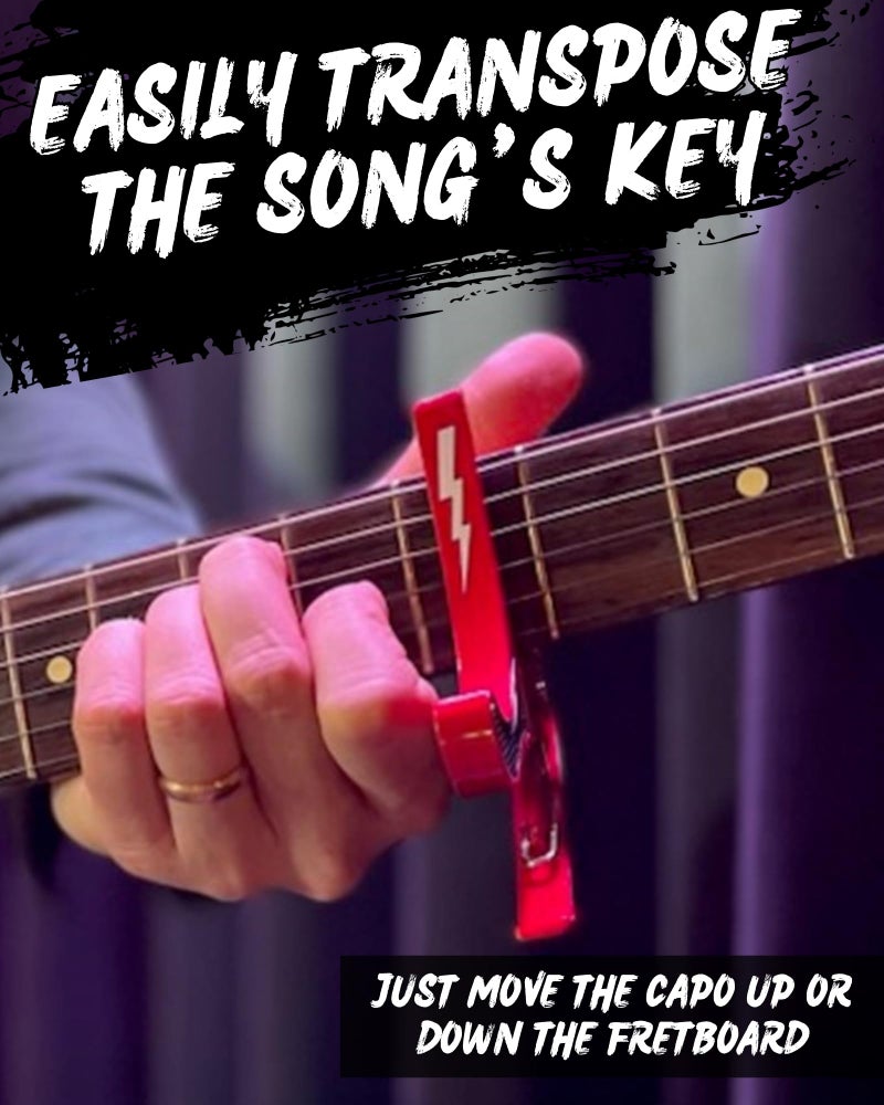 Powered By Rock Guitar Capo for Acoustic & Electric Guitars - Guitar Tool to Instantly Change Key - Chord Presser - Quick Release, Spring Action - White Lightning Design - Image 3