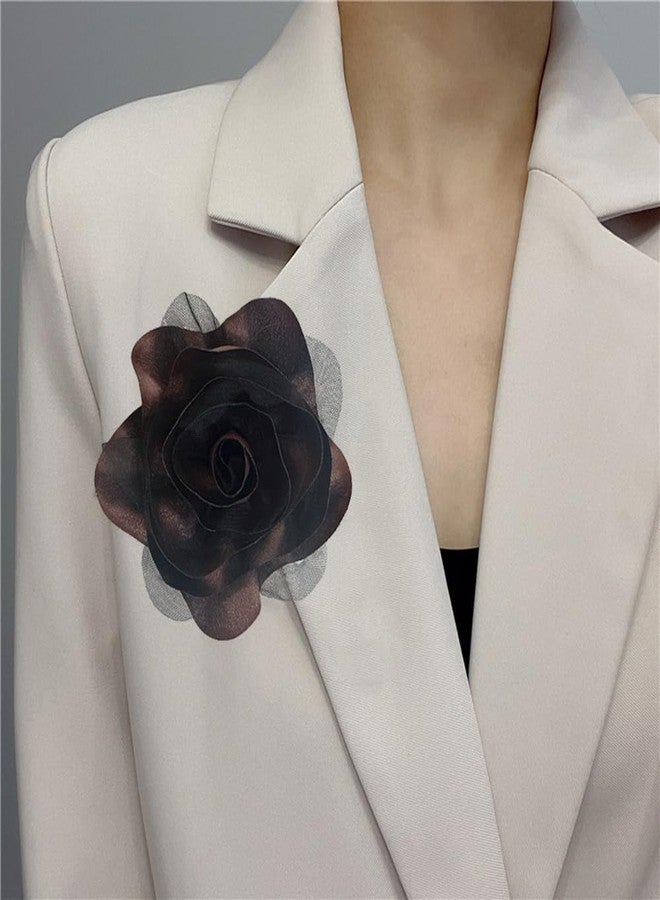OIDIMS Satin Fabric Rose Flower Brooch for Women 5.5in Oversized Camellia Corsage Elegant Floral Boutonniere for Wedding Party Dance Banquet Ceremony Dress Accessory Handmade Jewelry (Brown) - Image 2