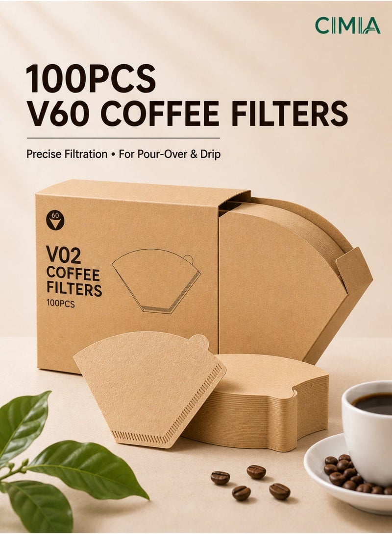 CIMIA 100pcs V60 coffee filters, suitable for pour-over coffee and drip coffee machines. Disposable filters with fine filtration, comes with a flip-top box. Perfect for home, office, or travel use. - Image 1